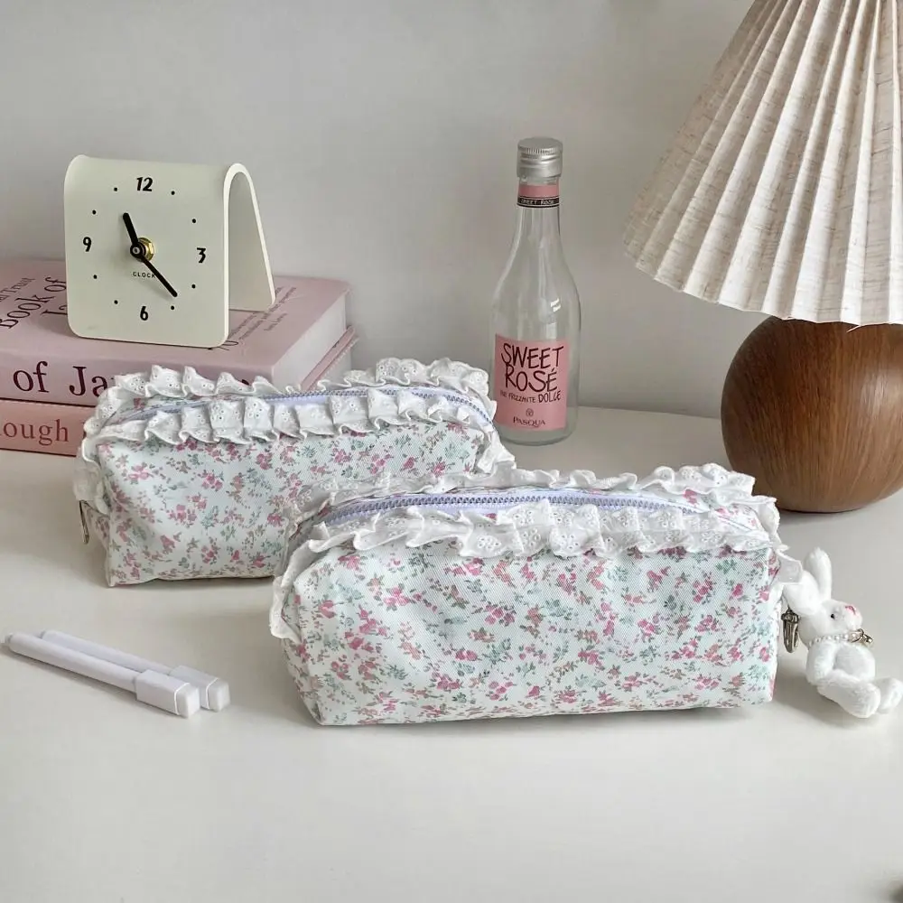 Smooth Zipper Floral Stationery Pouch Large Capacity Flower Pattern Lace Trim Pencil Case Educational Cosmetic Bag