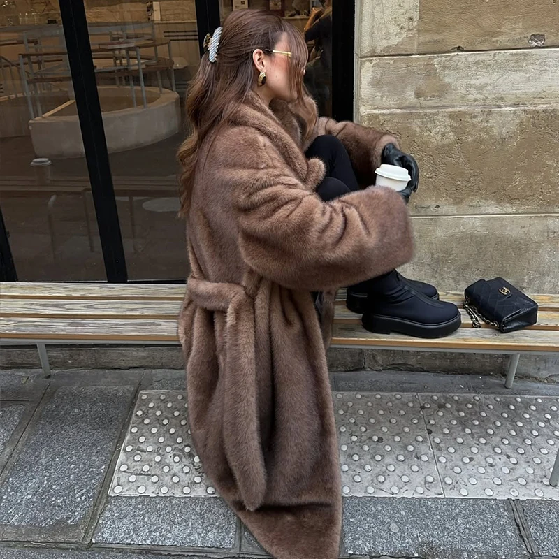 Luxury Long Belted Faux Mink Fur Coat Women 2026 New Winter Thick Warm Overcoat Chic Street Fashion Fake Fur Coat Outerwear
