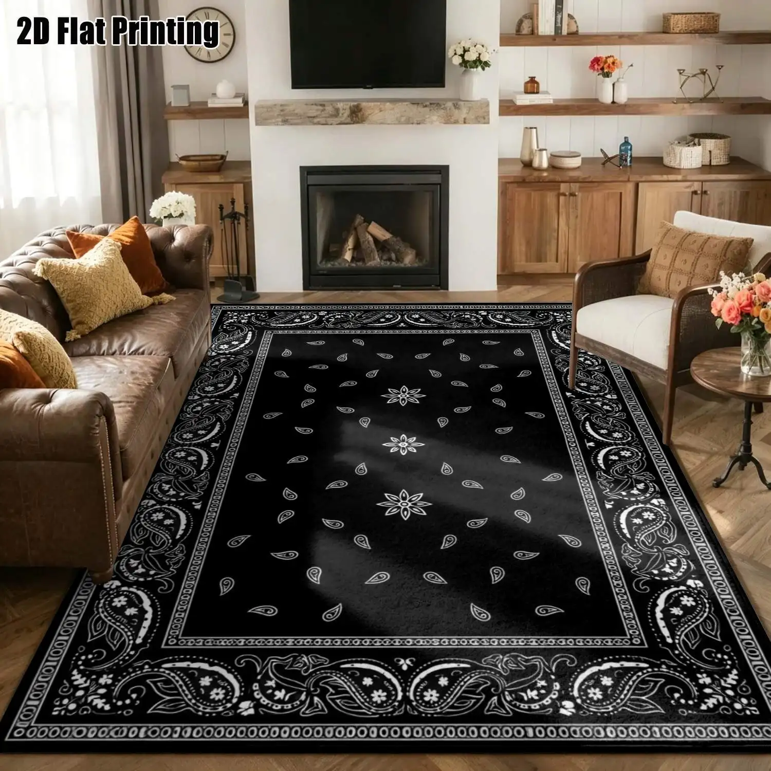 1Pc 2D Printed Black&White Paisley Floral Carpet: European, Bohemian Vintage Geometric Floor Mat, Home Decor, Multi-Size, Machine Washable, for Entrance, Dining, Foyer, Living Room, Bedroom