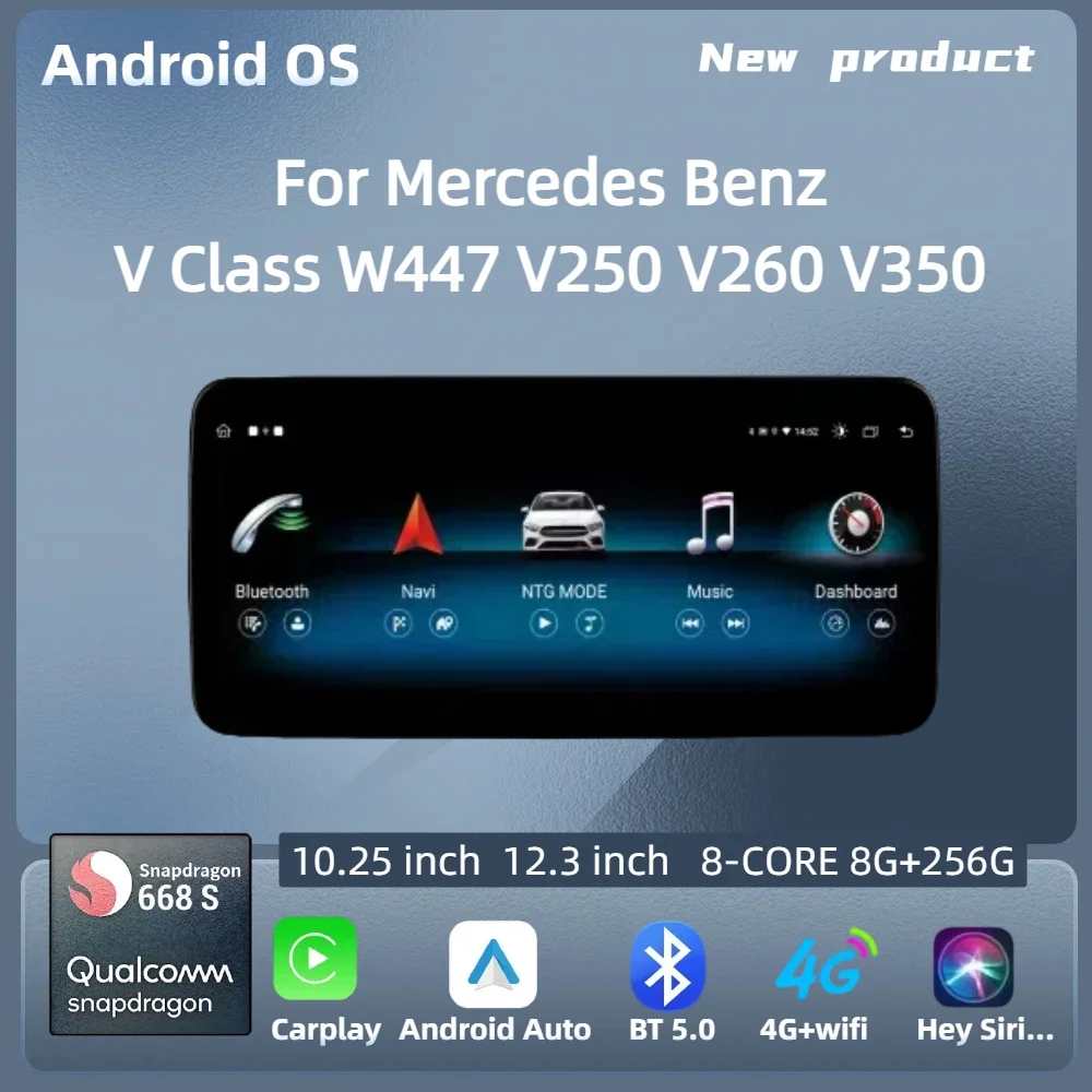 

For Mercedes Benz V Class W447 V250 V260 V350 Car Radio Android 14 4G Wireless BT Carplay Snapdragon 680 Head Unit Touch Screen