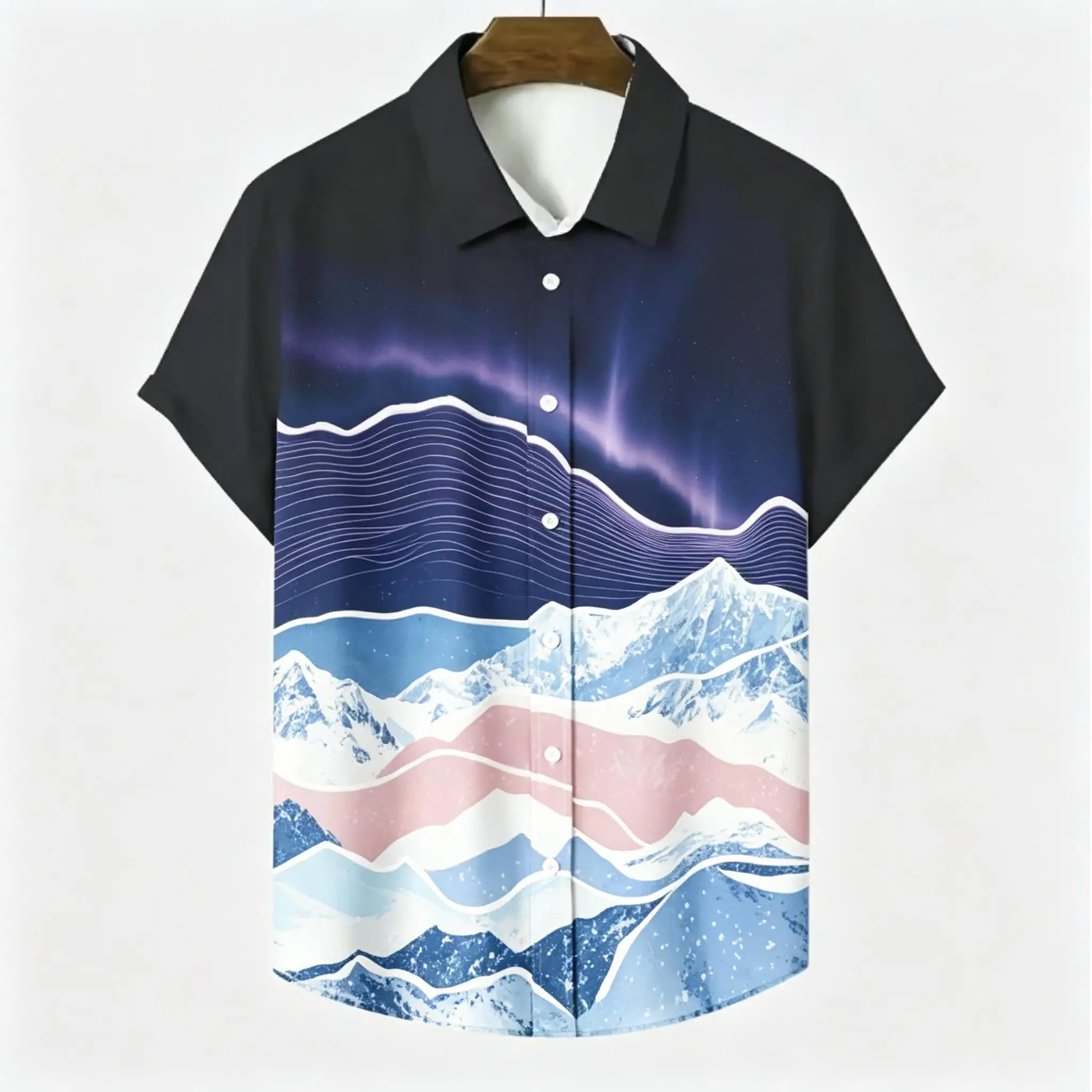 Gradient Layered Mountain Pine Forest Seagull Pattern Unisex Short Sleeve Blouse Camp Collar Loose Vacation Shirt