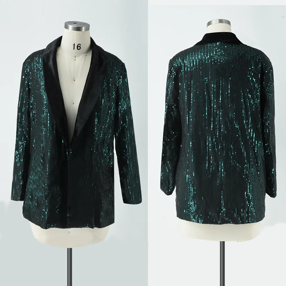 Plus Size Women Fashion Blazer Fashion Versatile Sequins Lapel Long-sleeved Jacket Large Size Lady Solid Color Elegant Suit Tops