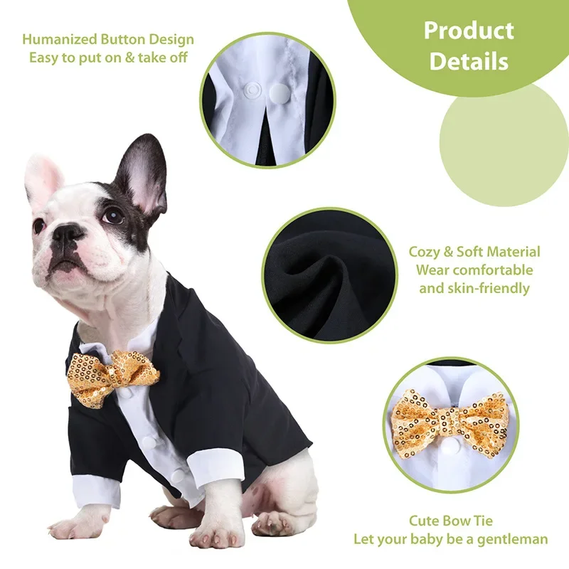 Gentleman Dog Western-style Clothes Wedding Suit Formal Shirt For Small Dogs Gold Sequins Tuxedo PartyPuppy Costume For Cats