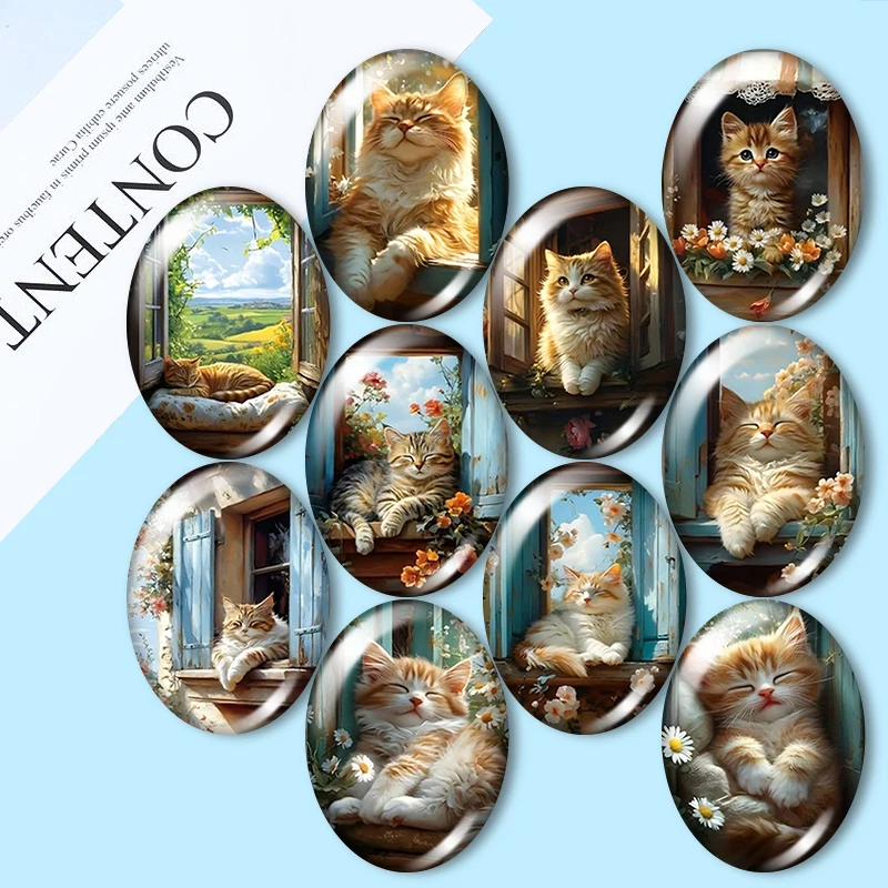 Vintage Window Cats n 10pcs mixed 13x18mm/18x25mm/30x40mm Oval photo glass cabochon demo flat back Making findings