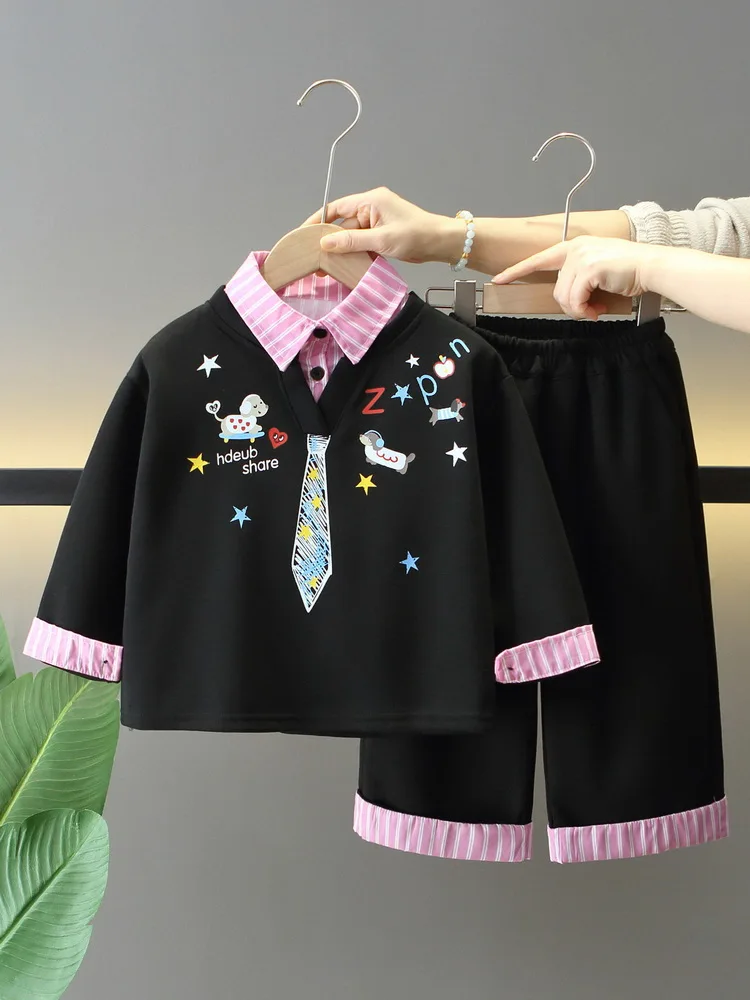 High Quality Toddler Boys Loose Suit Cotton Patchwork Sweatshirt+Wide Leg Pants 2Pcs Suit Fashion Streetwear Children Outfit