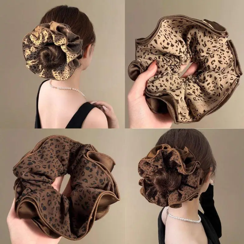 

Винтажная атласная резинка для волос с леопардовым принтом, эластичная резинка для волос, женские резинки для волос, большая многослойная повязка для волос с рюшами