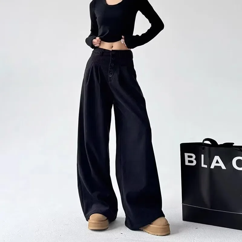 American Retro High Waist Single Button Trousers Women's Clothing Wide Leg Fashionable Pleated Loose Basic Straight Casual Pants