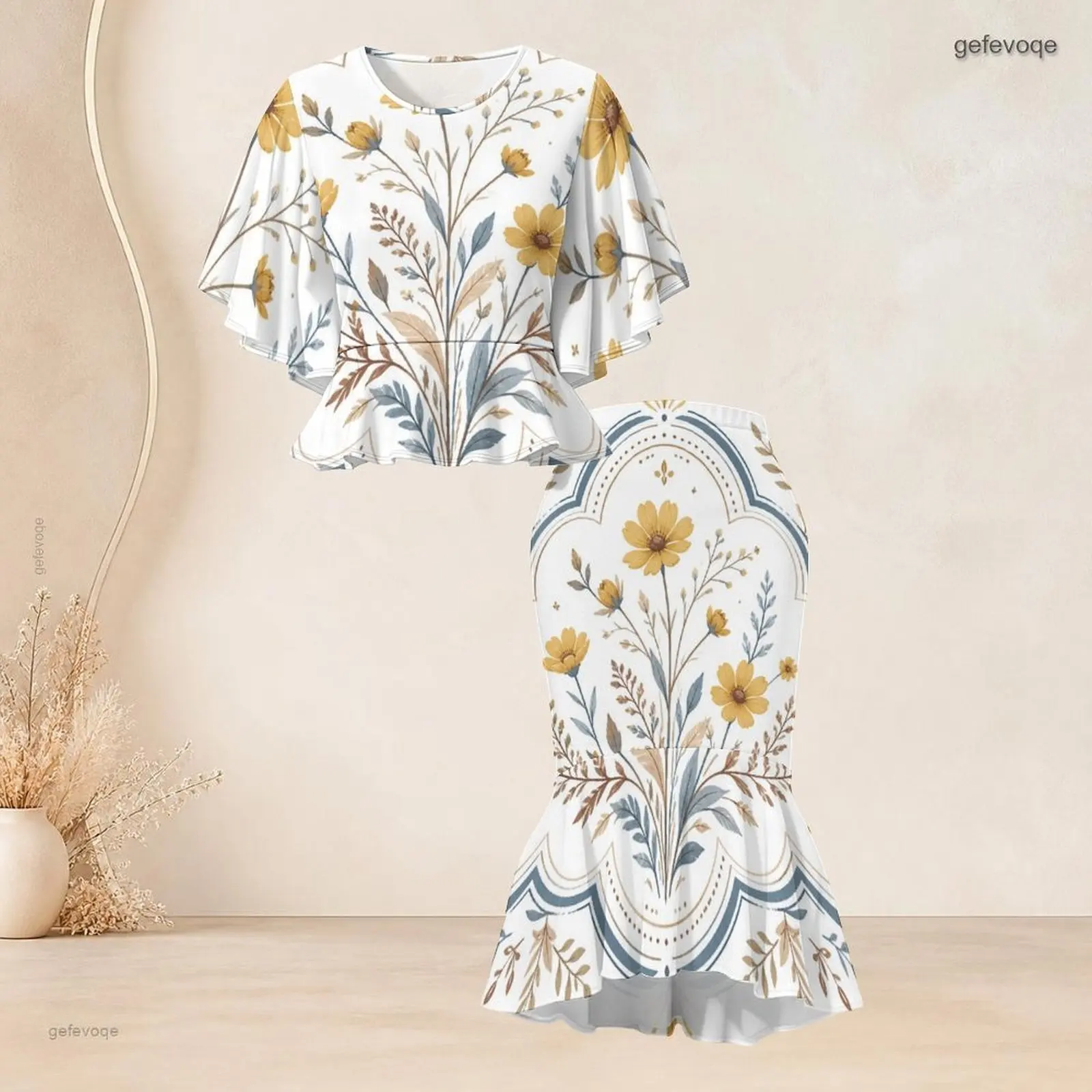 Women Printed Skirt Set Batwing Sleeve Ruffle Hem Top Fishtail Skirt Two Piece