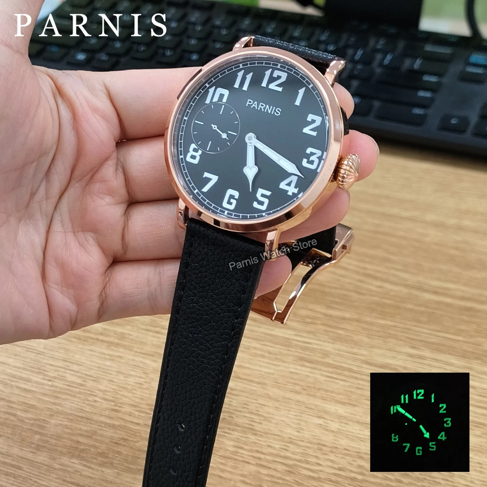 Parnis 46mm Hand Winding Luminous White Mark Men\'s Causal Watch Stainless Steel Case Small Second