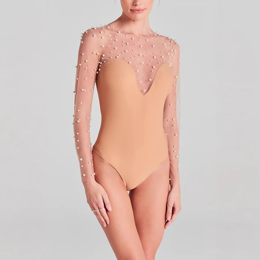 Fashion Pearl Bodysuit Women Spring Summer Elegant All-match O-neck Slim Hip Package Pearls Jumpsuit Party Club Stage Leotard