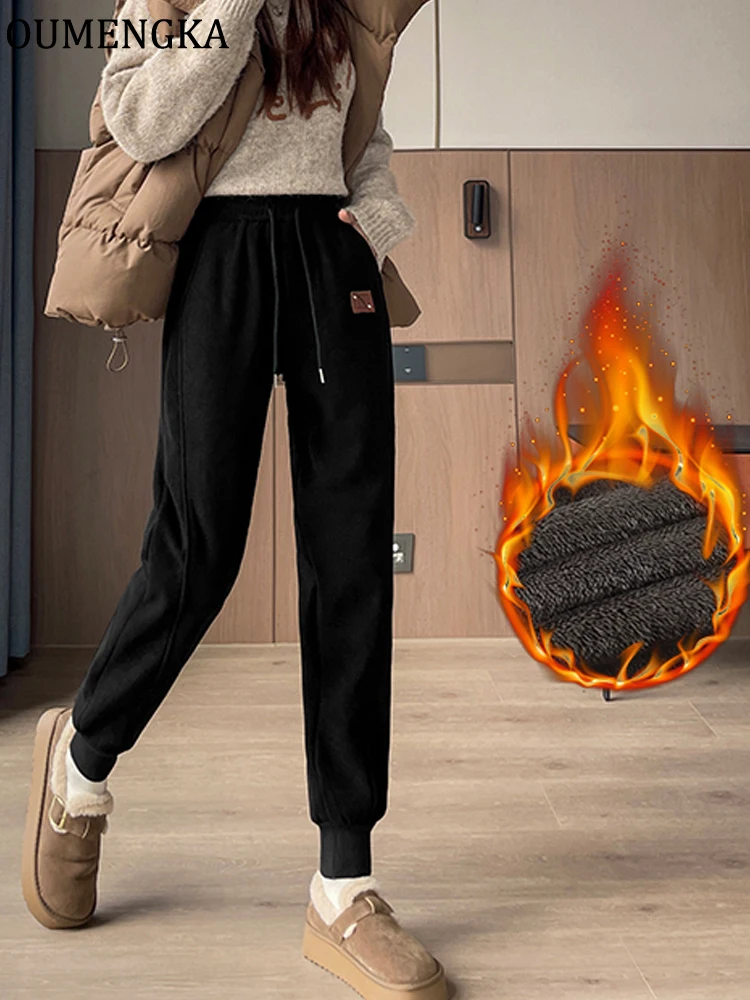 Women Casual Thick Lambskin Cashmere Corduroy Pants Warm Female Casual Elastic Waist Female Harlan Trousers for Cold Winter