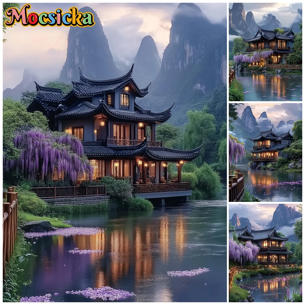 

Mocsicka Nature Photography Backdrop Mountain Lake Purple Wisteria Landscape Background Wedding Portrait Photoshoot Studio Props