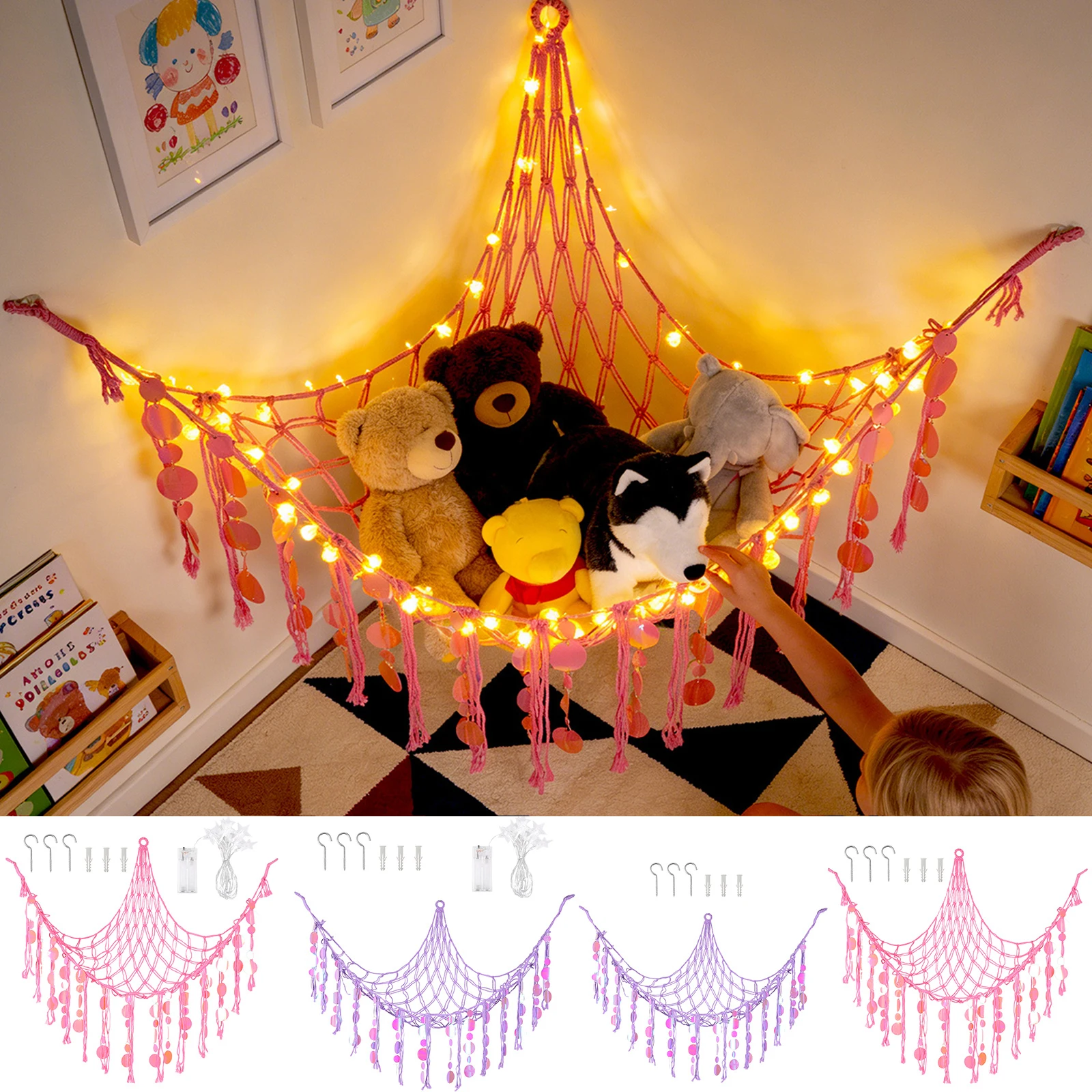 Plüschtier-Hängematte mit LED-Beleuchtung, Wand-Eck-Hängenetz für Plüschtiere, Gewebtes Baumwollseil, Kinderzimmer-Dekoration