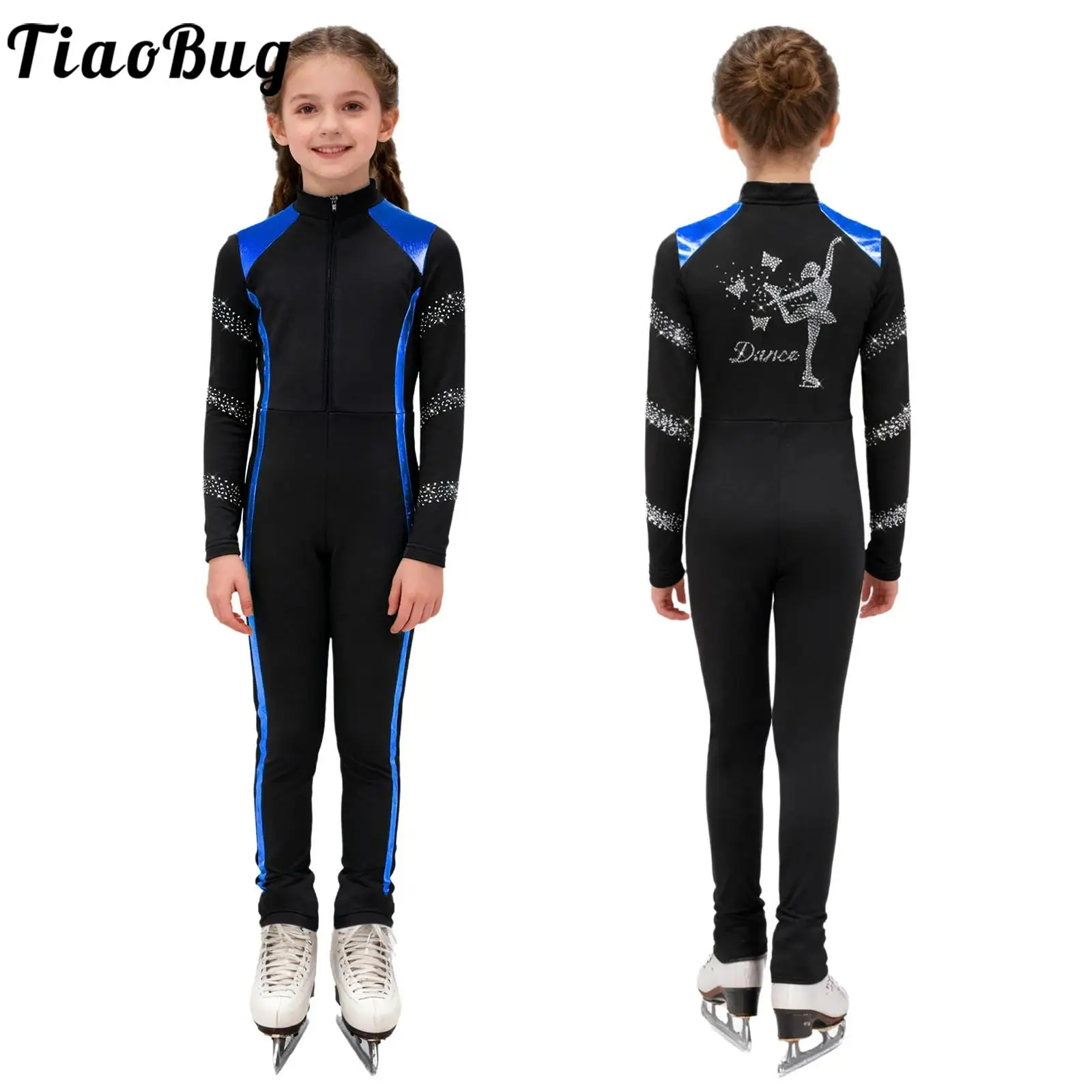 

Kids Girls Dance Figure Ice Skating Training One Piece Sparkly Rhinestones Long Sleeve Zip-Up Long Pants Jumpsuit Warm Leotard