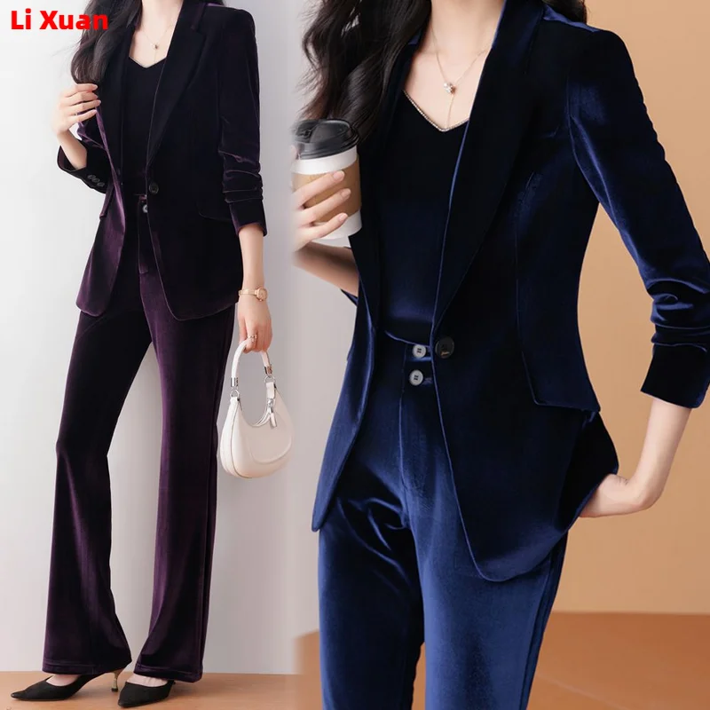 Women\'s Thick Warm Formal Blazer and Pants Suit, Quality Shiny Velvet, Office Work Wear, Winter, 2 Pcs