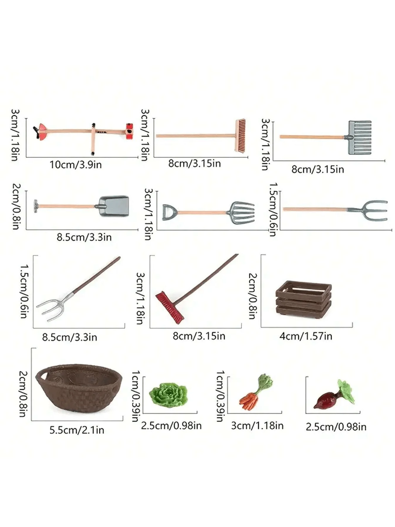Dollhouse Miniature Farm Tools, Garden Shovel, Rake, Lawn Mower, Vegetable Model, Outdoor Planting Scene Tools view 6