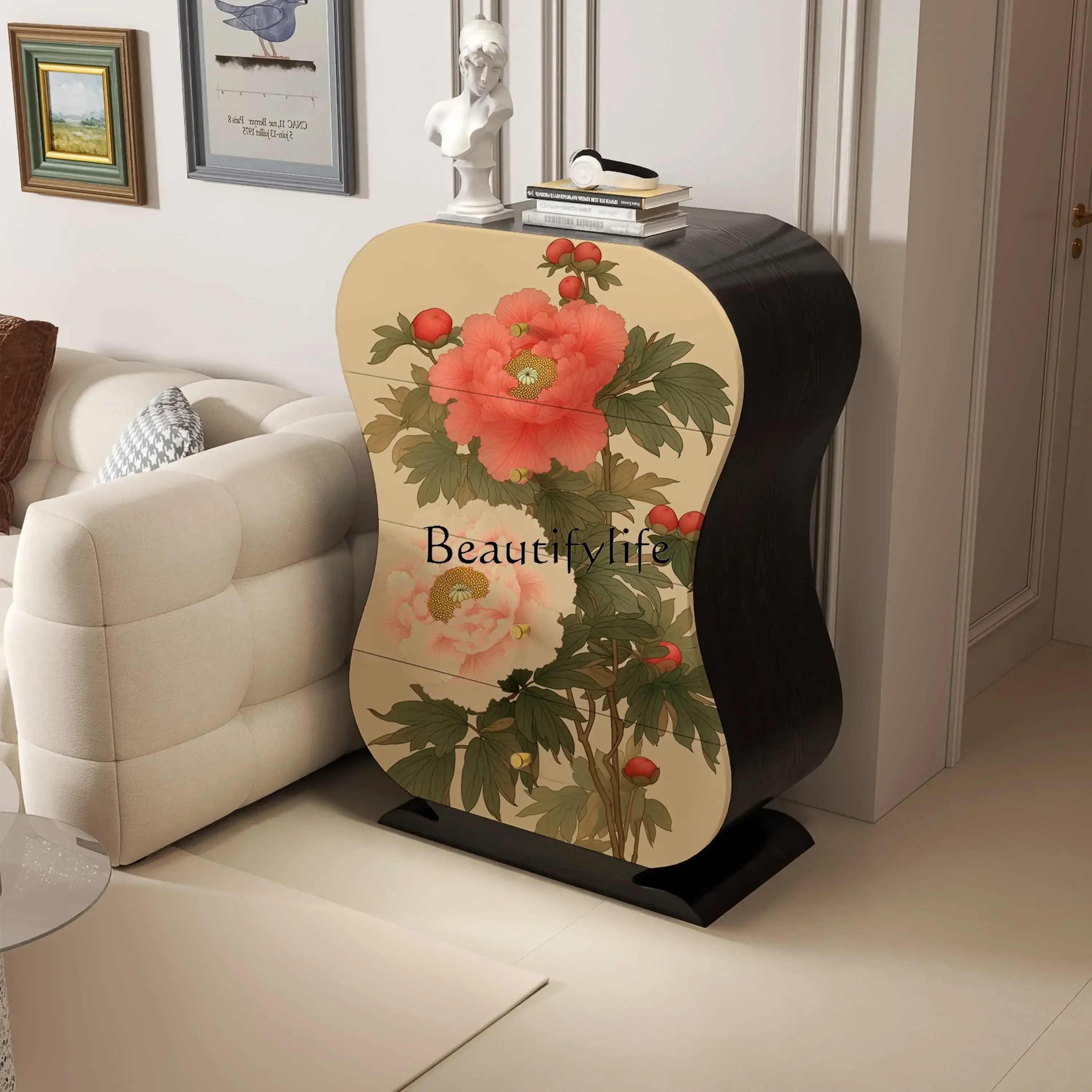 88..Chinese pattern painted solid wood four chest cabinet living room home storage locker