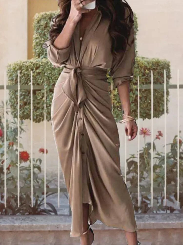 

Women's Long-sleeved V-neck Button Temperament Commuting Shirt Long Dress Summer Fashion Elegant Lace-up Mid-waist Long Skirt