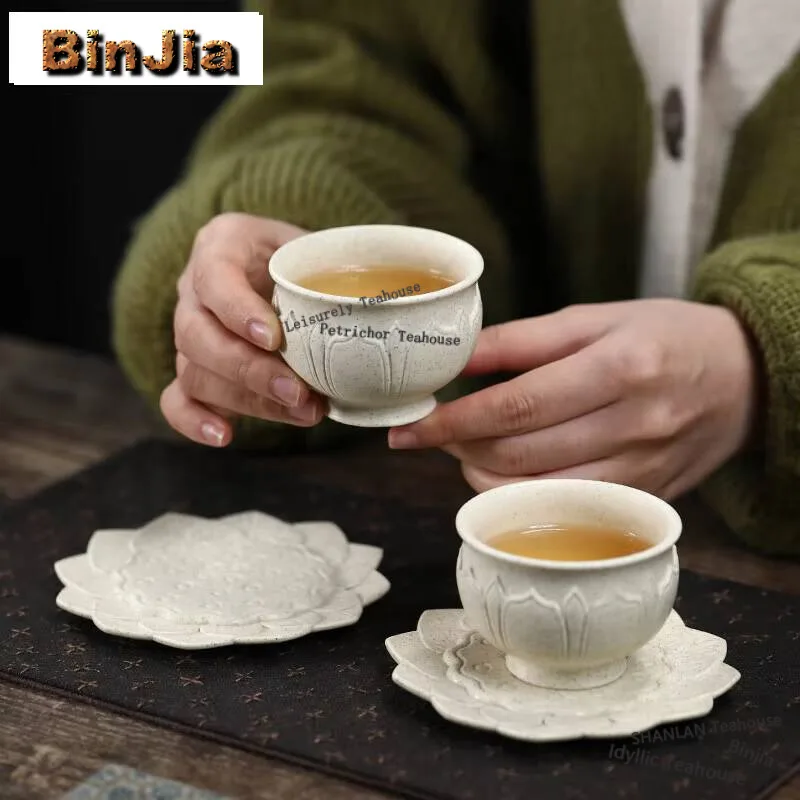 100ML Yixing Handmade Lotus Purple Clay Teacup Authentic White Jade Section Tea Bowl Travel Portable Master Cup Chinese Tea Set
