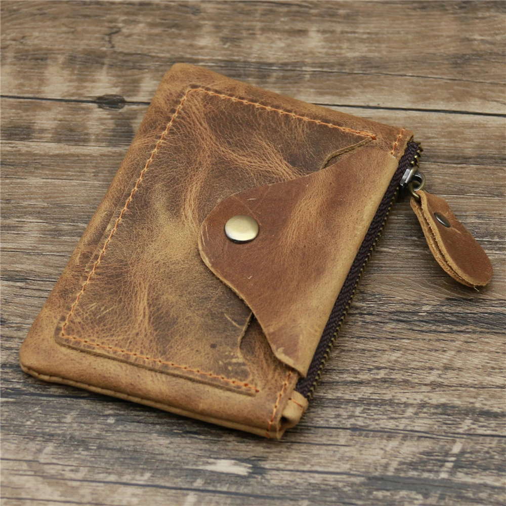 Monedero de cuero genuino Vintage hecho a mano para hombres y mujeres, monedero informal con cremallera, tarjetero, carteras de cuero de vaca