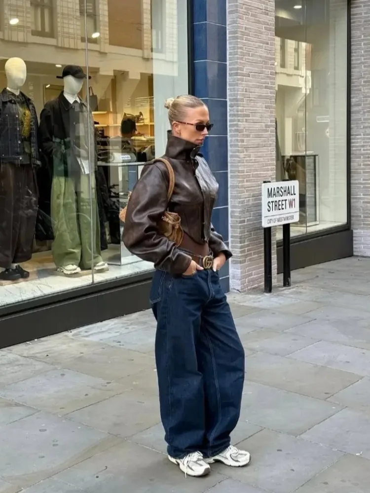 

Женская кожаная куртка с воротником-стойкой, на молнии, с пряжкой, однотонная, из искусственной кожи, с регулируемой талией, с длинными рукавами