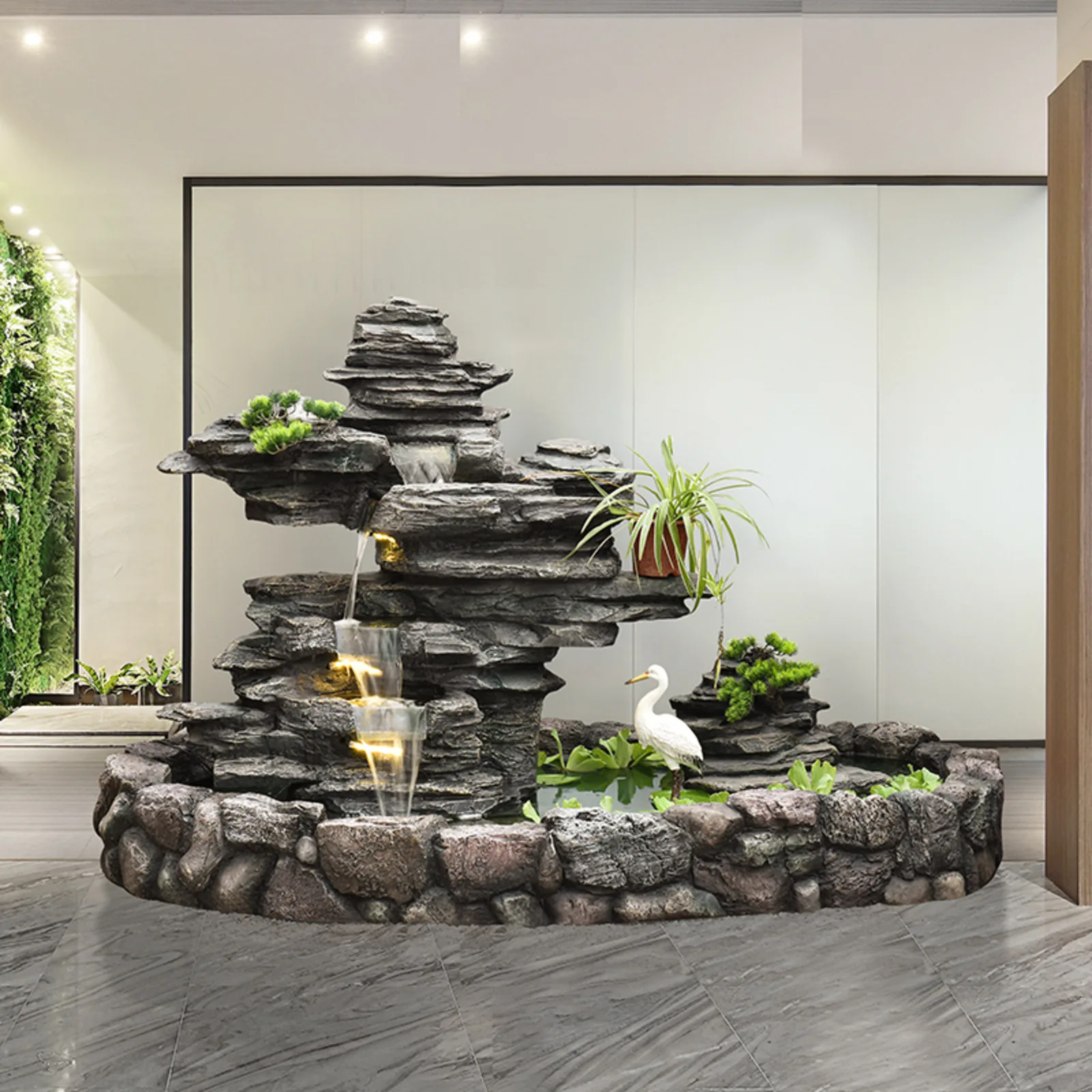 CHENYISHI Large Rockery Fountain with LED Lights Cascading Waterfall Design Cement Stone Material Realistic Texture Pond Feature