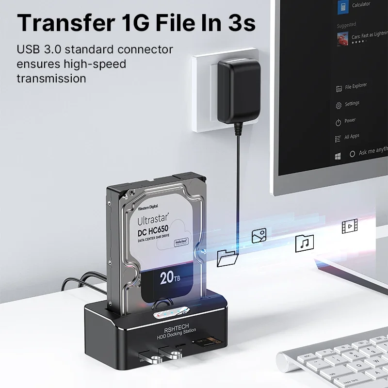 RSHTECH Estación de Acoplamiento para Discos Duros de Aluminio USB 3.0 para Discos Duros SATA HDD de 2,5 y 3,5 Pulgadas, con Tarjeta SD y TF, soporta Discos de 6 Gbps y 16 TB