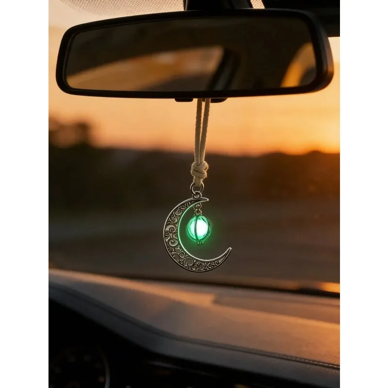 Luminous Moon Pendant Car Hanging Ornament – Hollow Crescent Design, Inlaid with Luminous Stone, Elegant Rearview Mirror Decor