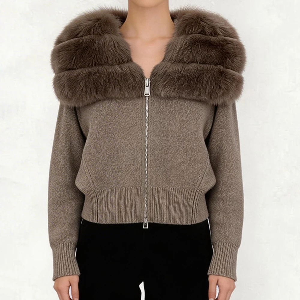 OFTBUY Women's Real Fox Raccoon Fur Collar Knit Zip Up Cardigan Luxury Outerwear Ribbed Hem Warm Winter Sweater Jacket Female