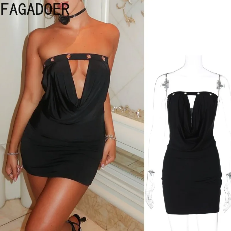 FAGADOER Sexy froncé Patchwork moulante Mini robe femmes évider sans manches dos nu robes femme Streetwear robes nouveau