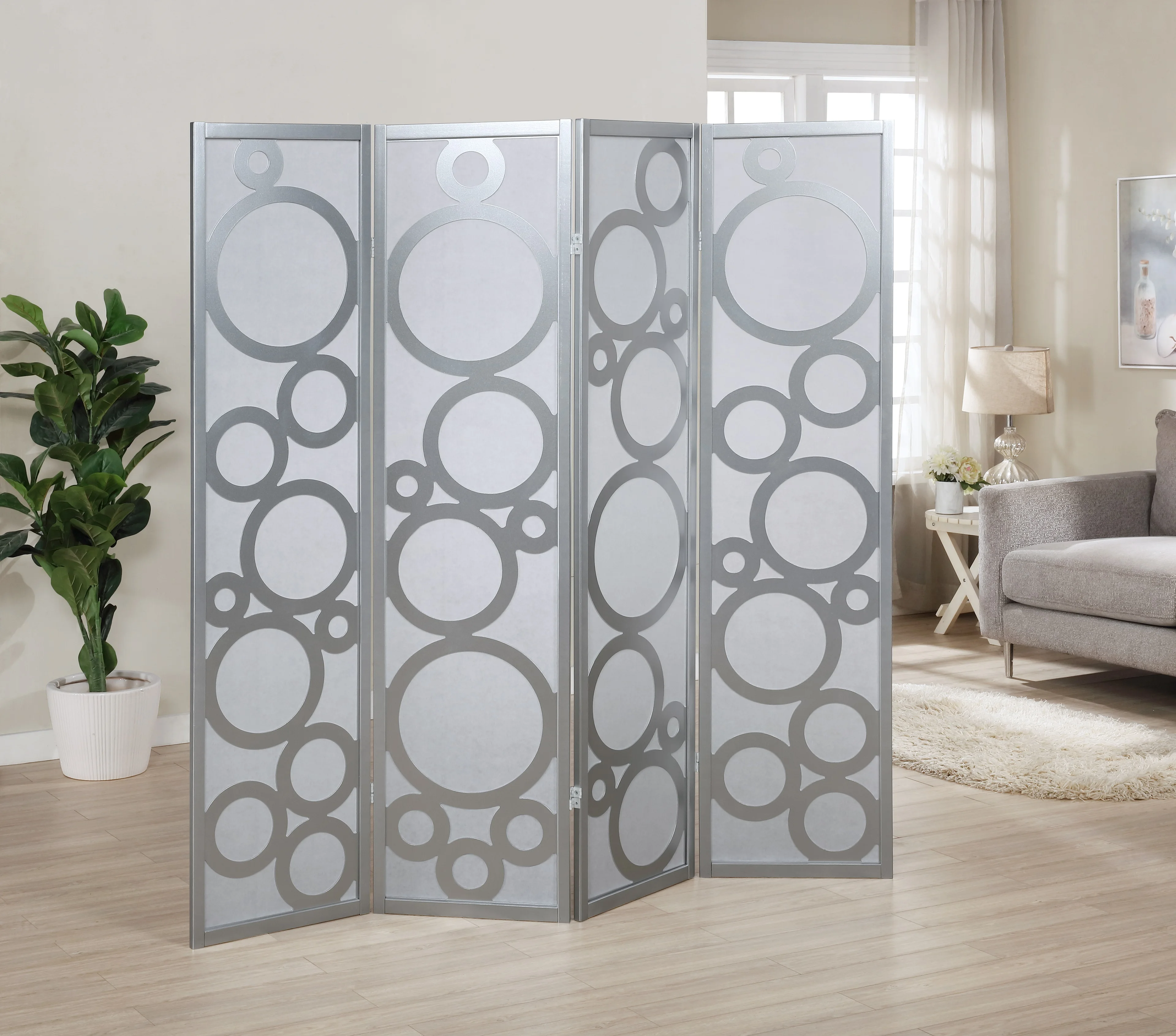 4-Panel Wood Room Divider with Circle Pattern, Silver