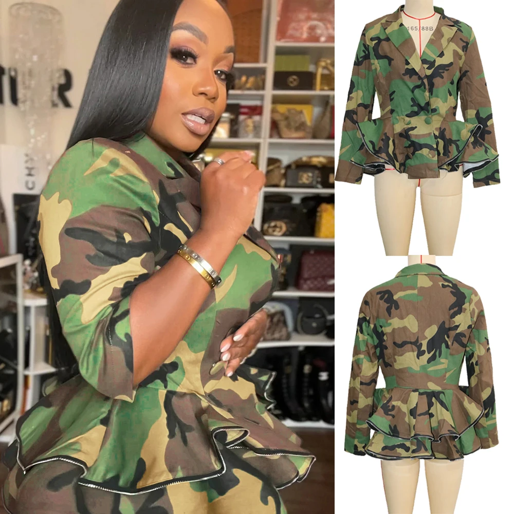 Camo Peplum Jacket for Women 2026 New Streetwear Fashion Military Inspired Ruffle Zipper Blazer Autumn Winter Outwear Short Coat