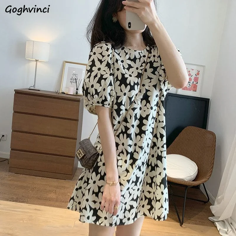 

Dress Women Floral Loose Waist Summer O-neck All-match Leisure Cozy Elegant Mini Temperament Korean Style New Arrivals Popular