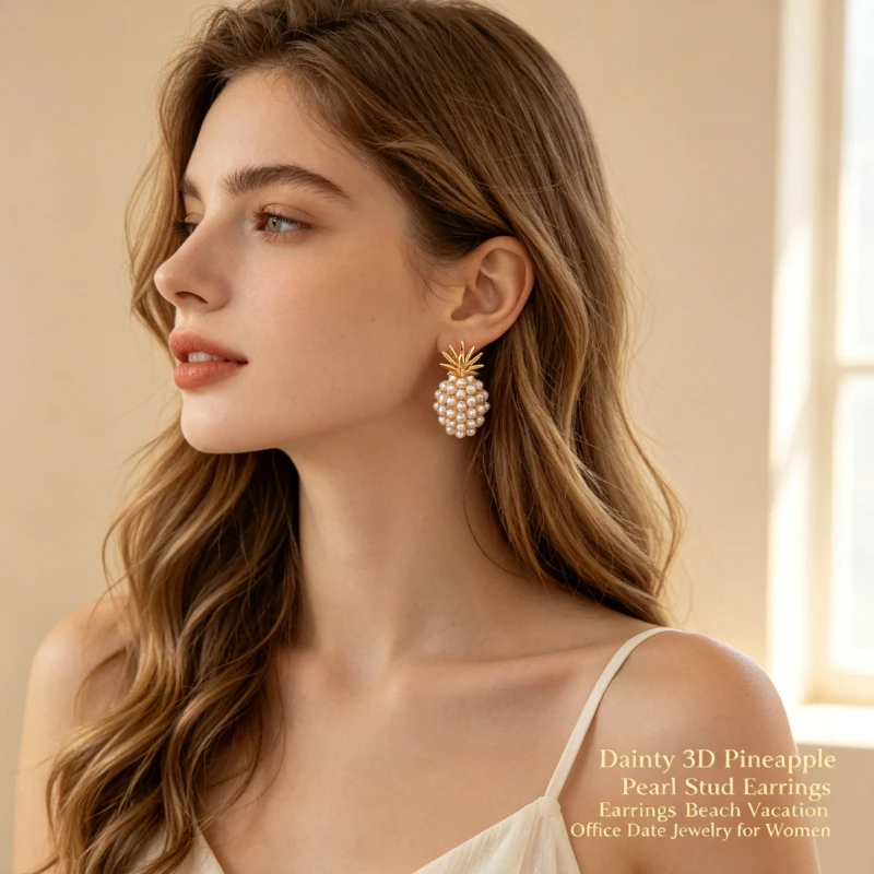 1 par de aretes con forma de piña 3D y racimo de perlas, aretes con perlas de imitación blancas y parte superior de hoja chapada en oro, joyería elegante e hipoalergénica, regalo para bodas, uso diario, oficina, fiestas de verano, citas nocturnas
