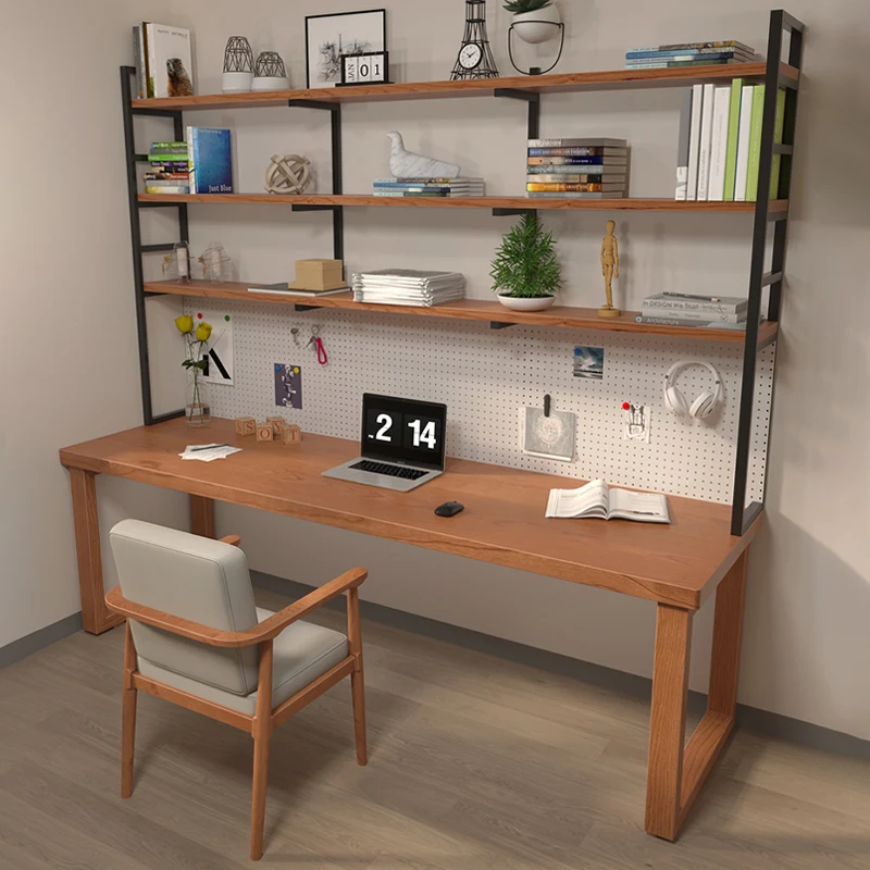 

Log desk bookshelf integrated table household double writing desktop computer with hole board storage study