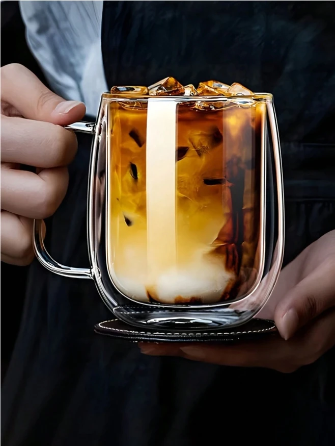 Double-layer heat-insulating and heat-preserving glass coffee cup, transparent cup, suitable for party return to school