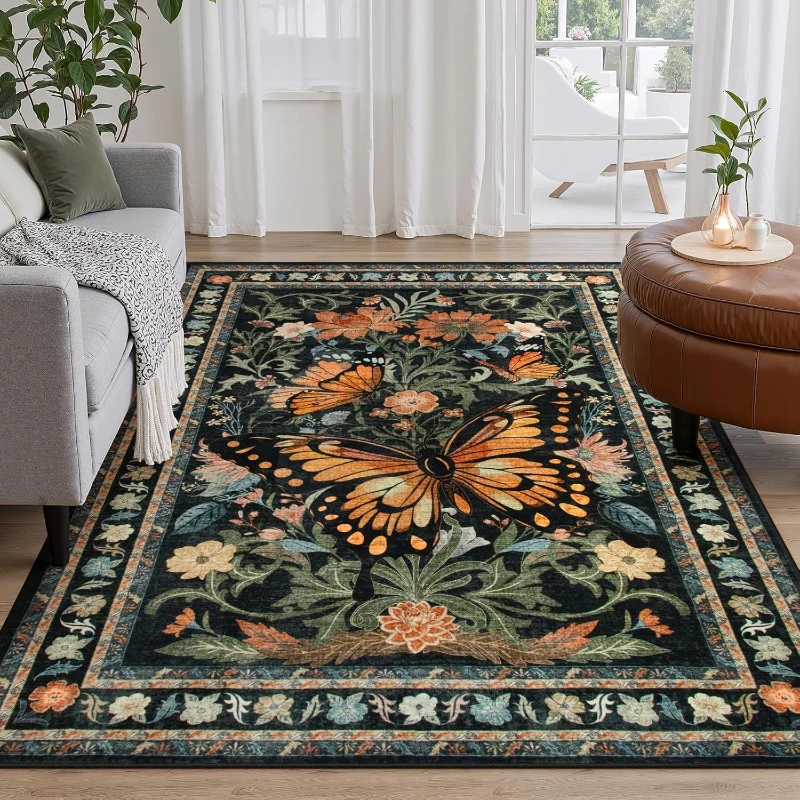 French Retro Butterfly Floral Carpet for Living Room Non-slip Home Decor Rug Bedroom Coffee Table Floor Mat Bedside Area Rugs