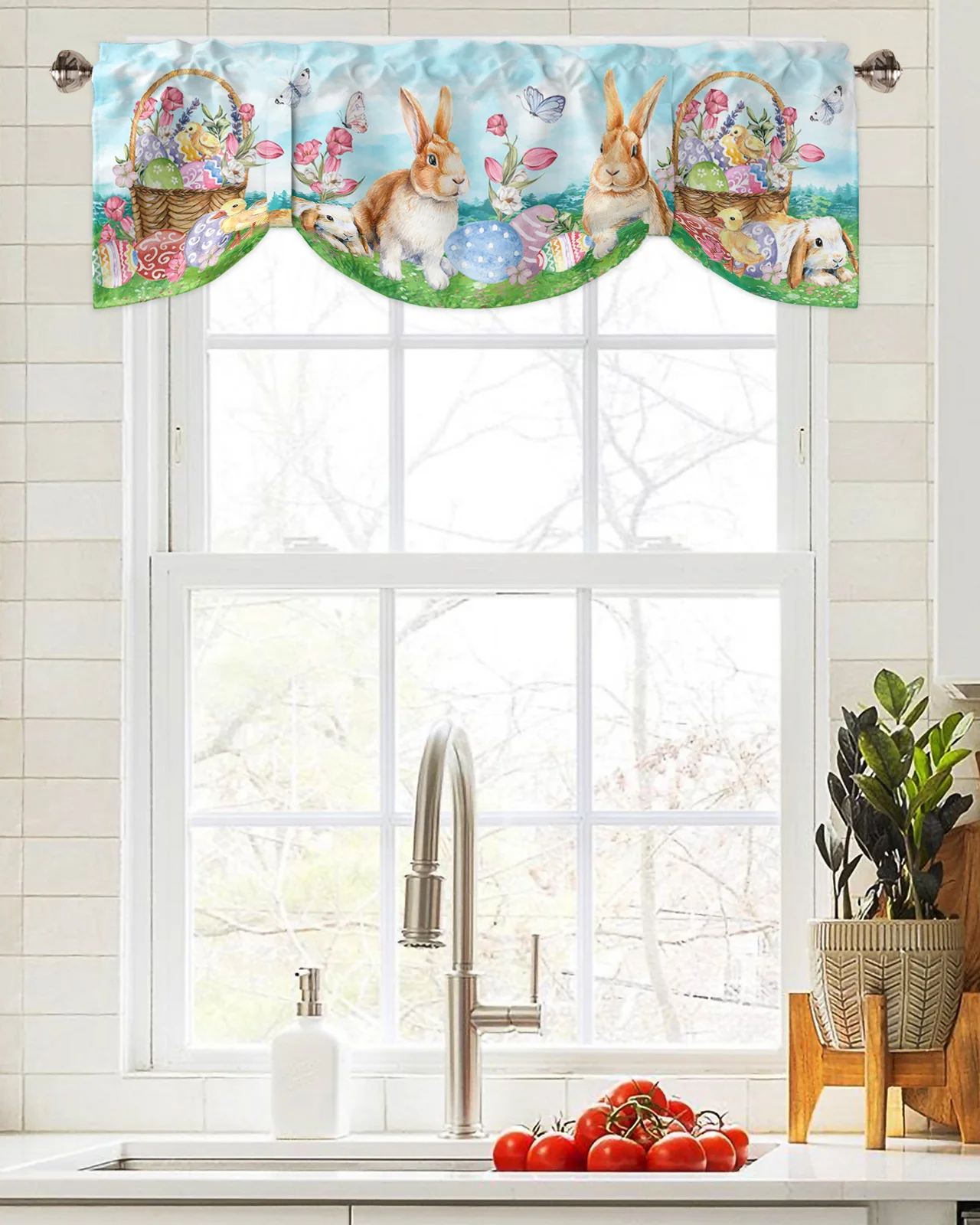 Easter Bunny Egg Flower Butterfly Short Window Curtain Adjustable Tie Up Valance for Living Room Kitchen Window Drapes