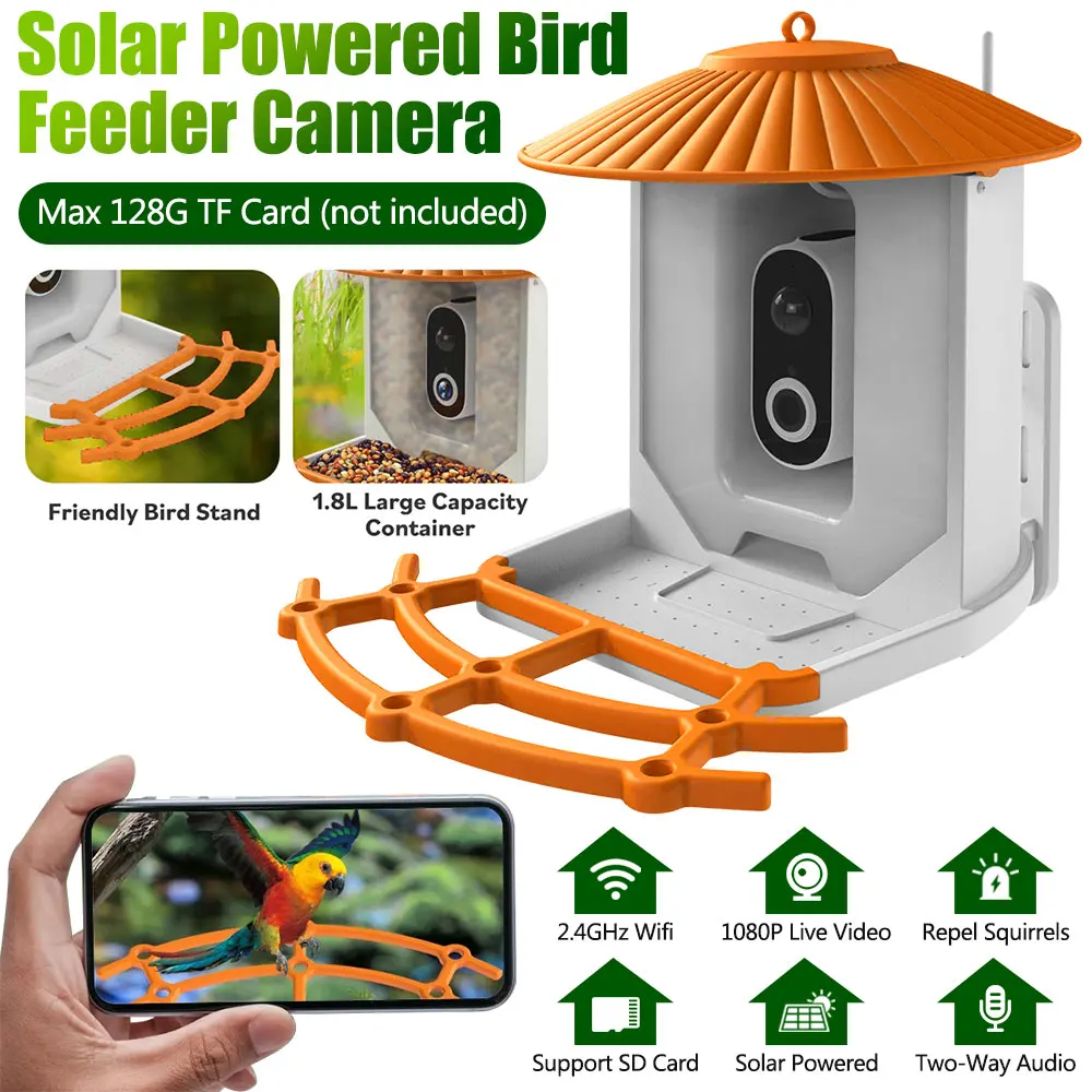 

US 4G Band 1080P 120 Wide View Angle PIR Motion Detection Night Vision 5200mAh 3.5w Solar Bird Feeder Camera With AI Identify