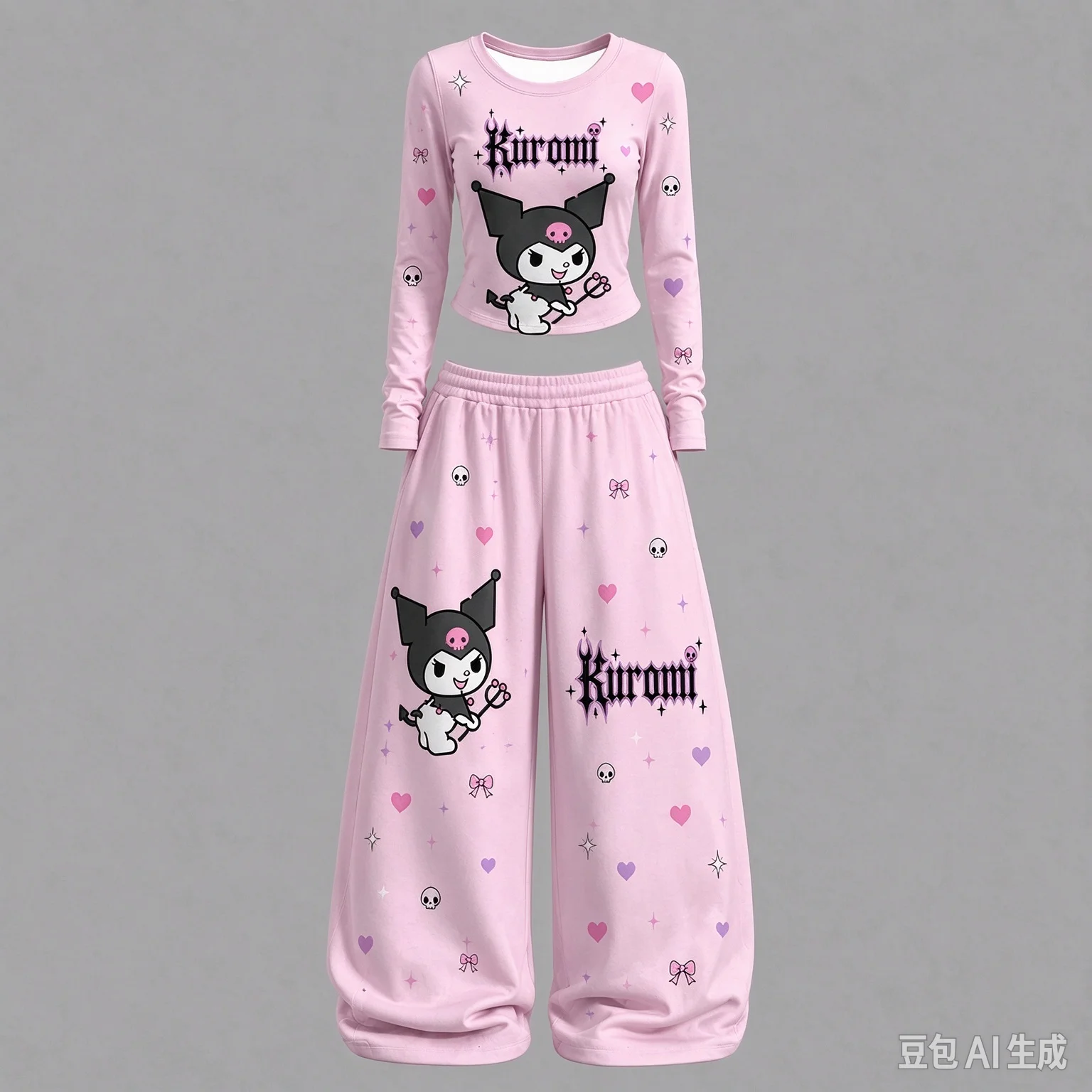 2026 Trendy Women's Kuromi Print Cycling Top & Pants Set – Stylish Casual-Sporty Outfit for Everyday Wear Long-Sleeve Outfit
