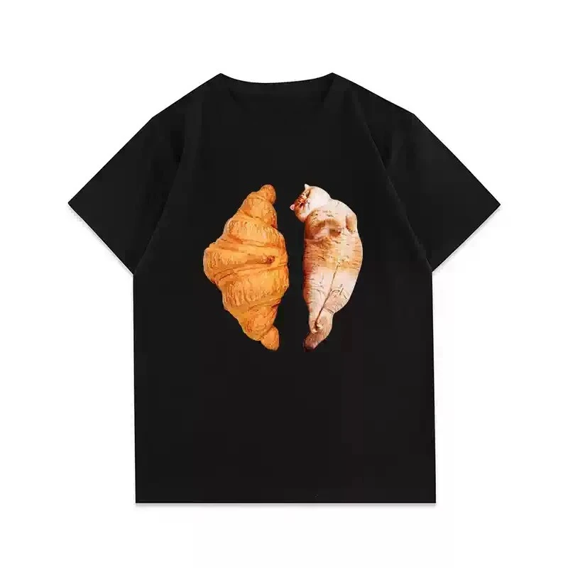 Cute Bread Cat - Pure Cotton Design Print Short-Sleeved T-Shirt for Men and Women - Summer Couple's Clothing