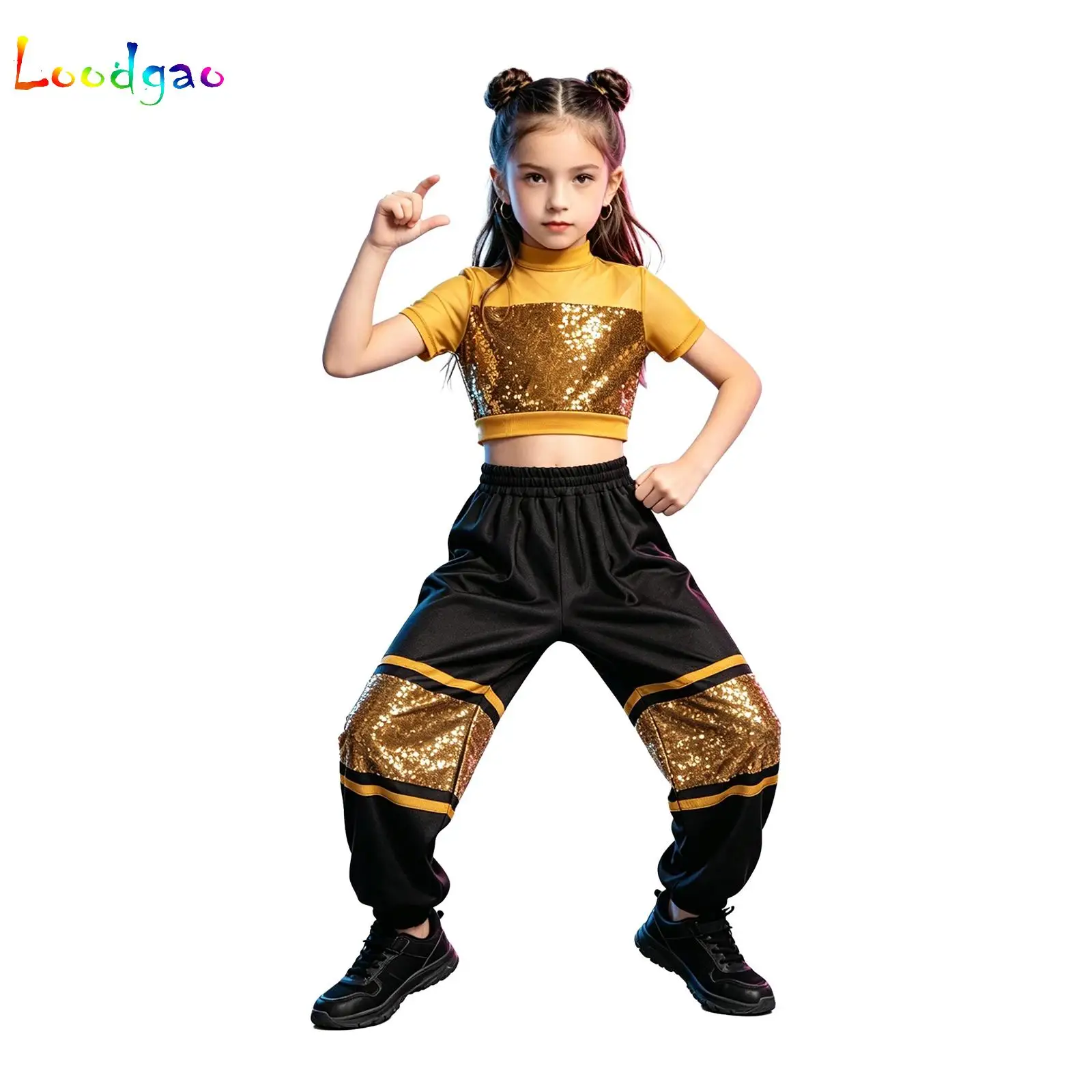 

Kids Girls Jazz Dance Suit Costume Sleeveless Metallic Vest with Shiny Pants Disco Streetwear for Stage Performance Raves Party