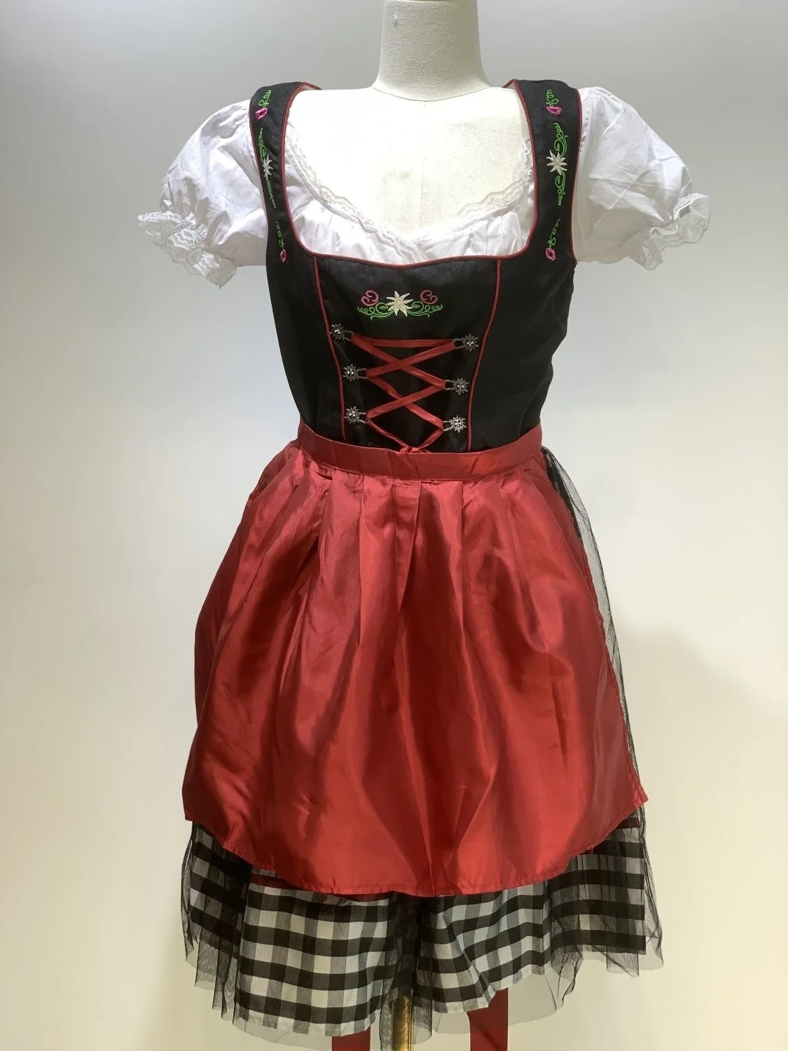 Kostum Oktoberfest gaun kotak-kotak bordir tradisi Bavaria Wanita set 3 potong