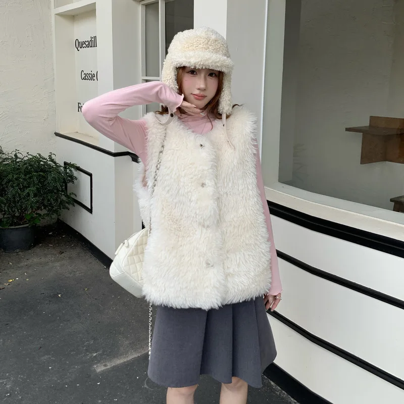 Women Autumn Winter Faux Fur Fluffy Vest Loose Warm Thickened Button Solid Windproof Pockets Short Jackets Female Outerwear