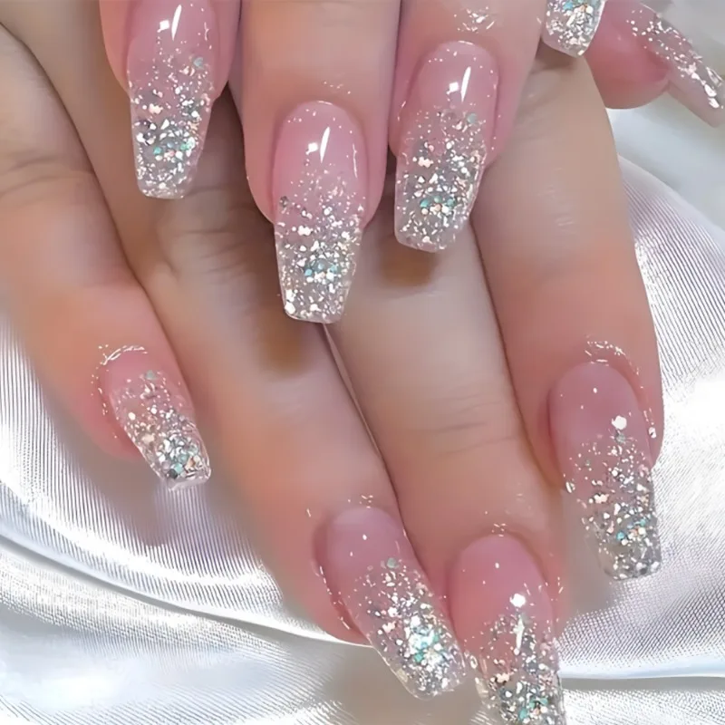 24 pz semplice rosa sfumato paillettes Presss on Nails lunga bara Charms unghie finte con colla acrilico unghie finte artificiali Set