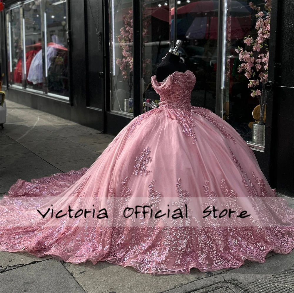 Rose Pink Lace Applique Quinceanera Dress Off The Shoulder Ball Gown Sweet Sixteen Dress Wedding Gown vestido de gala