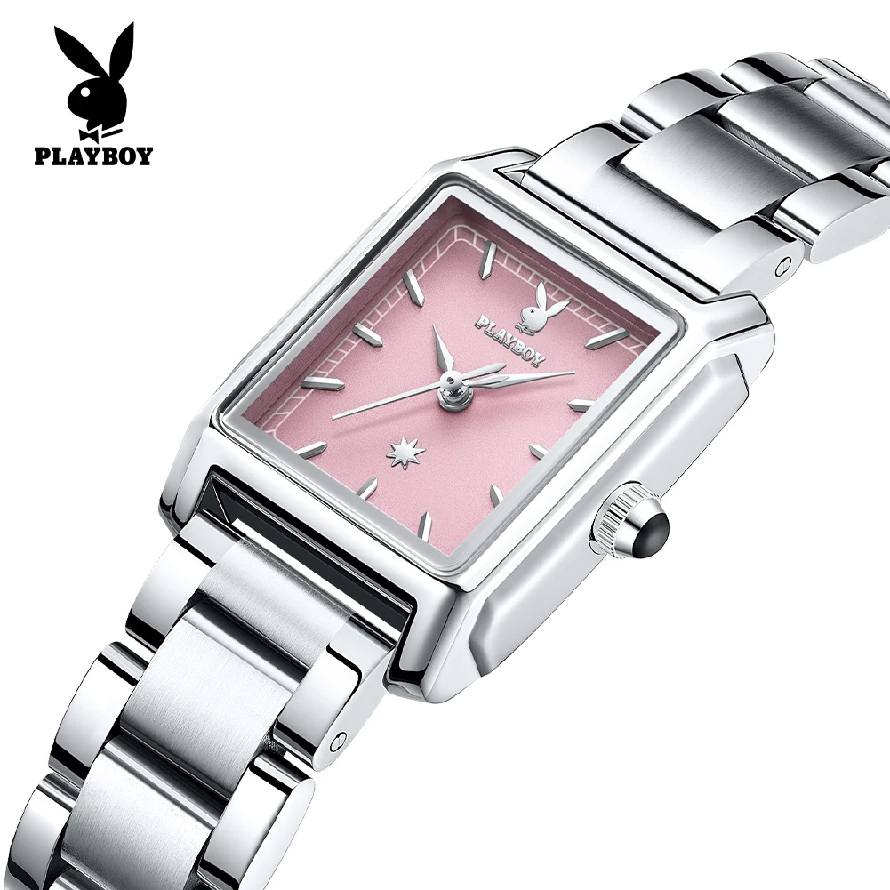 PLAYBOY 3122 Women Quartz Movement Watch Classic Square Dial High Quality Steel Strap 30m Waterproof Elegance Watch For Women