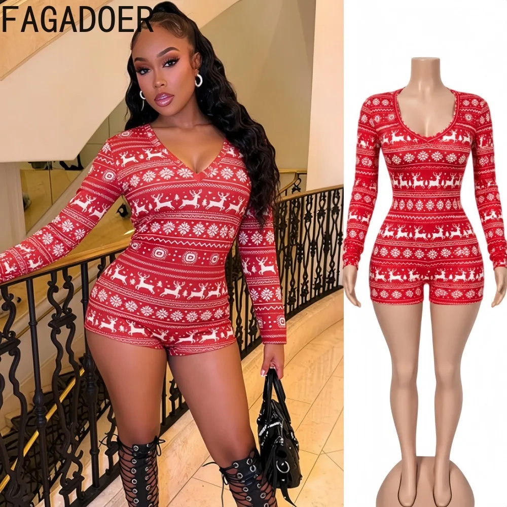 FAGADOER Women Christmas Romper Red White Fair Isle Print Long Sleeve V Neck Fitted Shorts One Piece Holiday Party Jumpsuit
