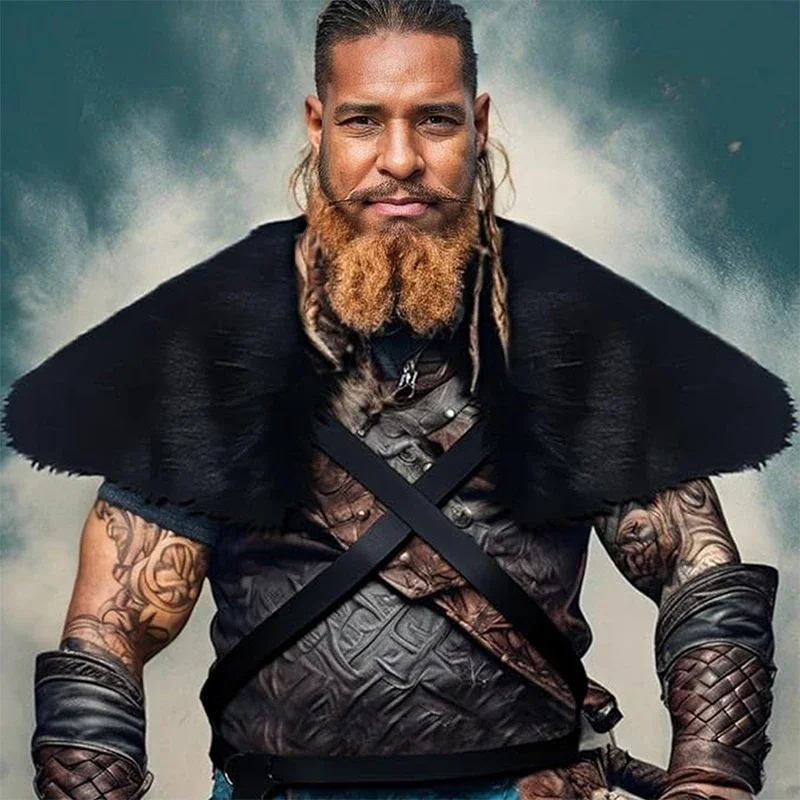 Capa Medieval con cuello de piel sintética para hombre, capa para hombro con correa para el pecho, ropa de invierno, capa de guerrero vikingo Retro, Cosplay de Halloween