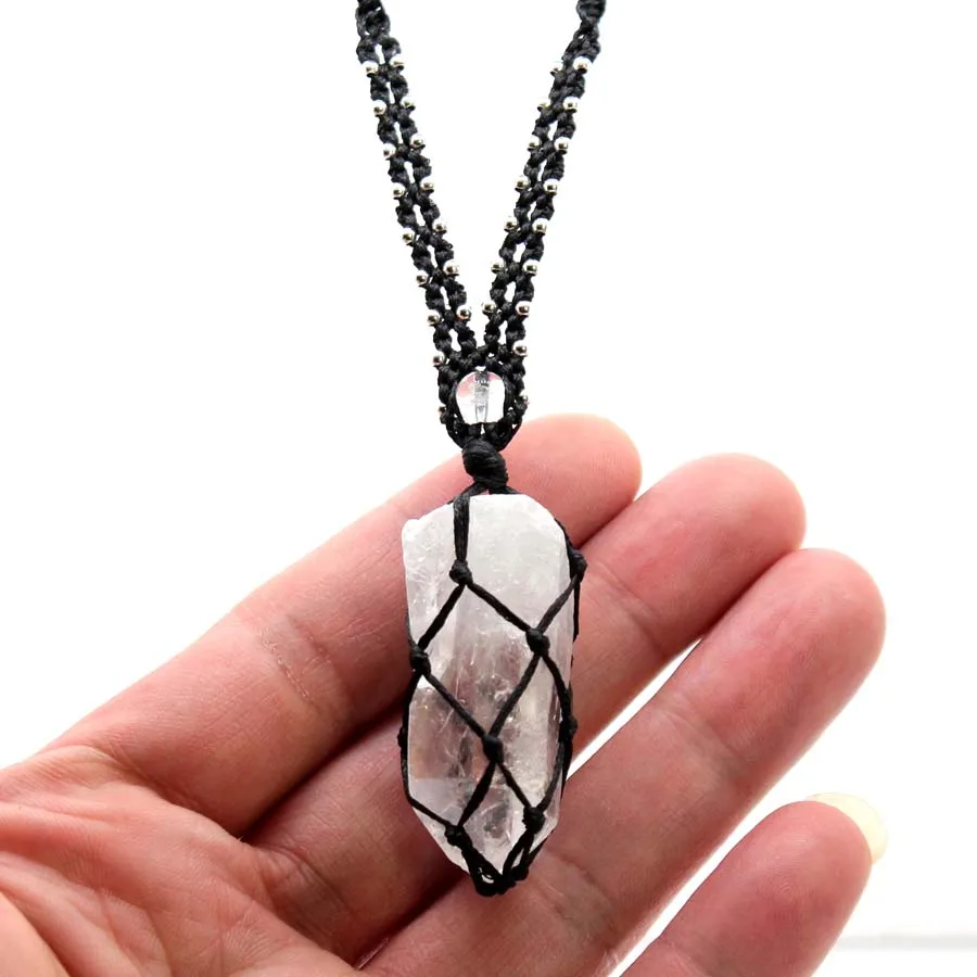 Crystal Quartz Macrame Braided Stone Pendant Necklace For Women Natural Irregular Rock Crystal Handmade Rope Wrapped Weave Chain